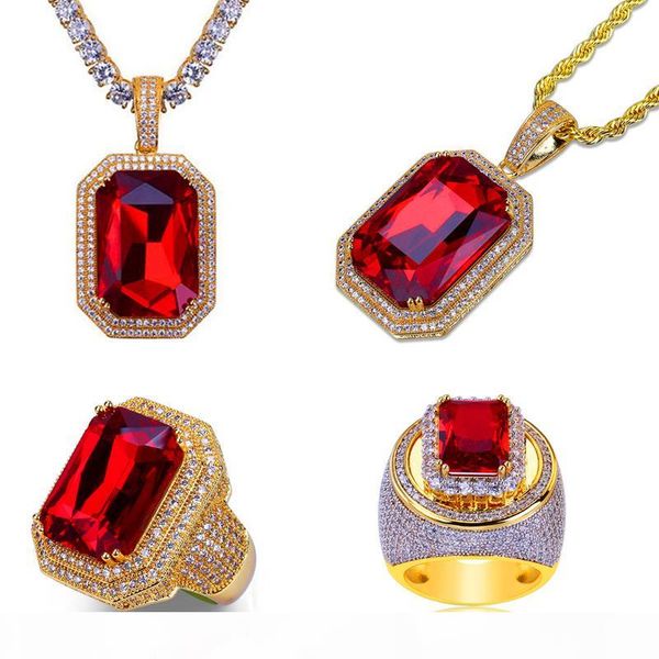 

luxury hip hop комплект ювелирных изделий bling цирконий рубиновые кольца red gem ожерелье ice out cz hiphop подвеска ожерелья 18k позолочен, Silver