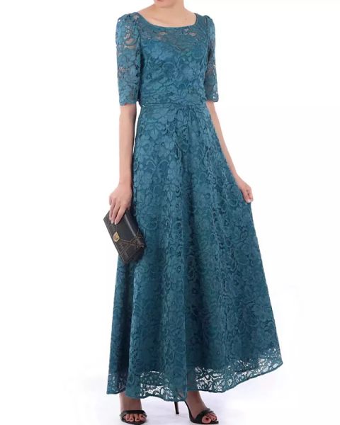 

a-line elegant floral guest formal evening dress scoop neck half sleeve floor length lace polyester with pleats, Black;red