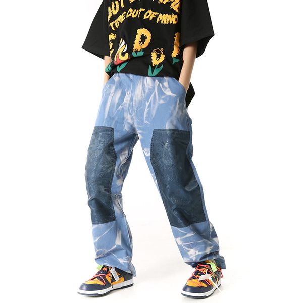 

harajuku streetwear patchwork tie dye jeans pants men and women loose wide leg straight baggy denim trousers hip hop oversize, Blue