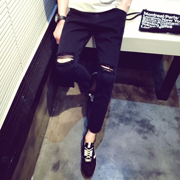 

gd quan zhilong same style knee hole feet black tight jeans and jeans tight pants hole pants summer new men's fashion, Blue