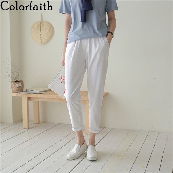 

colorfaith new 2020 summer women pants 6 colors high waist pockets casual cotton and linen ankle-length harem trousers p8093, Black;white