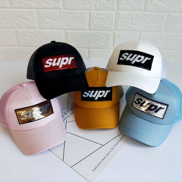 

2019 new children's baseball baseball sequins letter student net solid color bright summer umbrella cap cap cap, Blue;gray