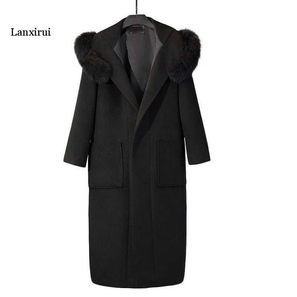 

women's jacket winter fashion temperament dig fur collar women's woolen coat new thick warm hooded women woolen coat, Black