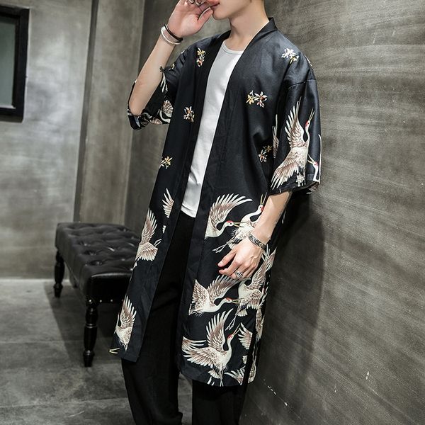 

japanese printed men's thin robe chinese style long crane robe cardigan coat kimono kimono coat, Tan;black