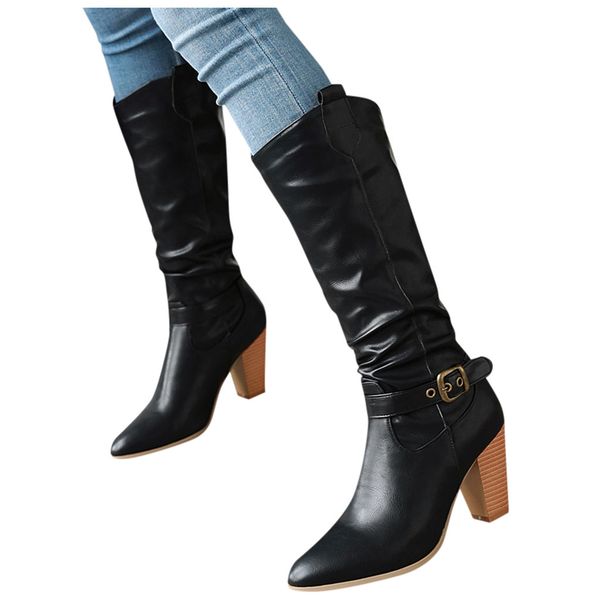 

Womens Leather Boots Cross Strap Knee-High Buckle Strap Shoe woman Solid Color Cowboy Square root Low-heeled Slip-On Boots, Black