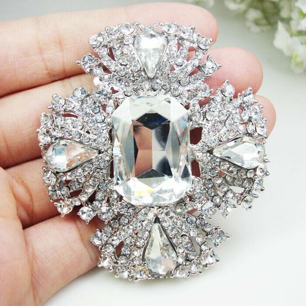

bridal elegant flower teardrop brooch pin clear rhinestone crystal wedding, Gray