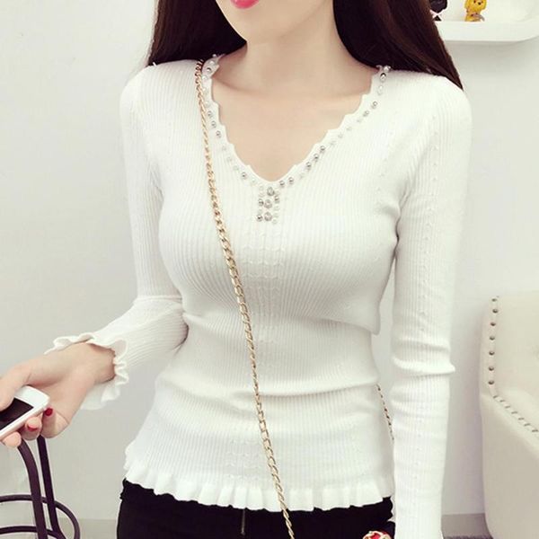 

fashion solid color beading v-neck sweater knit pullover women slim knitted top, White;black