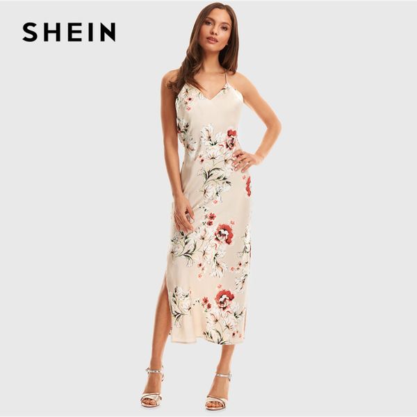 

shein apricot crisscross draped back split side floral satin summer maxi dress women spaghetti strap glamorous slip dresses, Black;gray