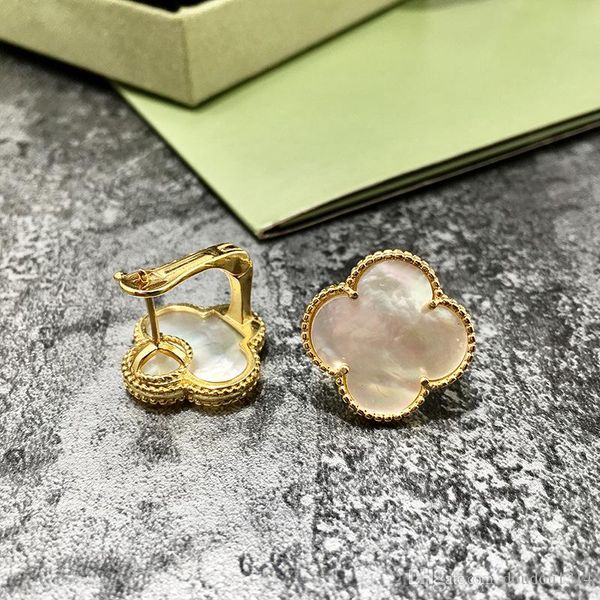 

gold plated copper black white red green clover flower shell agate natural stone earrings for women 2019 selling luxury fashion jewelry, Golden;silver