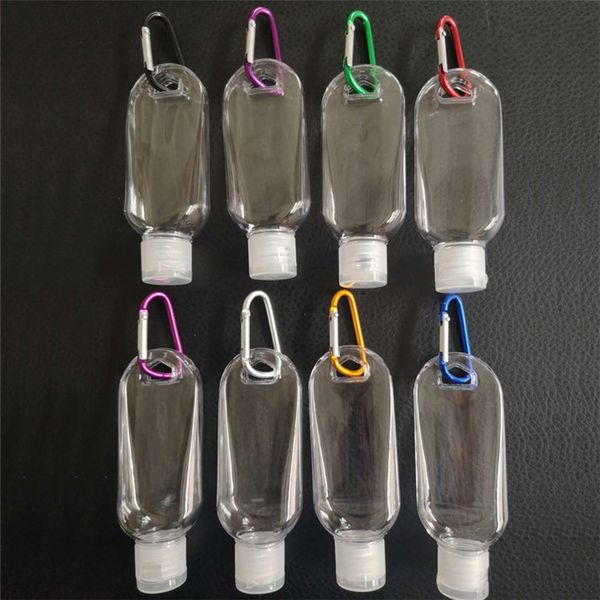 

50ml empty alcohol refillable bottle with carabiner key ring hook clear transparent plastic hand sanitizer bottle container for travel