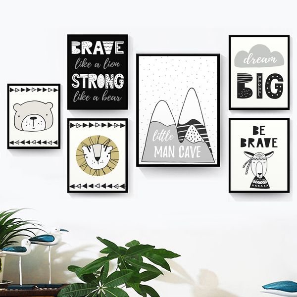 

nordic minimalist art bear lion canvas poster cartoon animal inspiring quote print wall picture baby boy room decoration