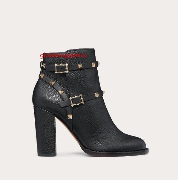 

women bottines rock stud ankle boots black genuine leather pointed toe women winter boot high heels elegant party wedd, Black;green