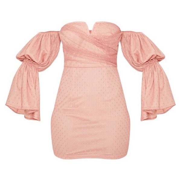 

off shoulder flare sleeve mesh party dress backless dress women elegant dresses, Black;gray