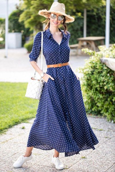 

женщины рубашки летнее платье сплит воротник стойка с длинным рукавом элегантная кнопка lady полька dot печати юбки вскользь bodycon талии п, Black;gray