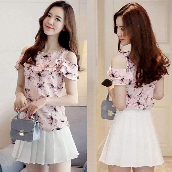 

women summer chiffon off shoulder ruffles casual floral print blouses plus size o neck loose shirt yl5, White