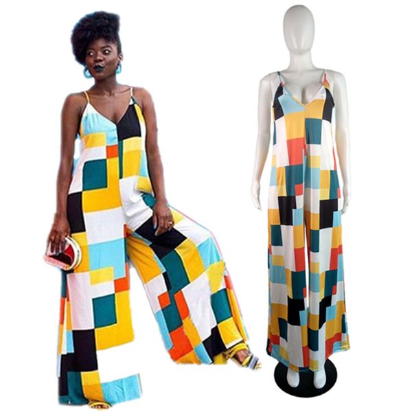 

patchwork women jumpsuit sleeveless v-neck sling rompers irregular geometric prin jumpsuits one-piece bodysuit loose wide-leg pants romper, White