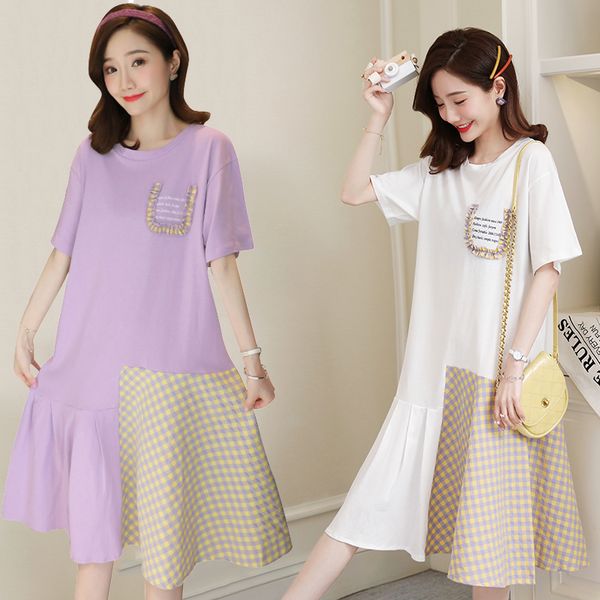 

2825# maternity clothes summer patchwork cotton short sleeve loose stylish t-shirt dress for pregnant women mom dress, White