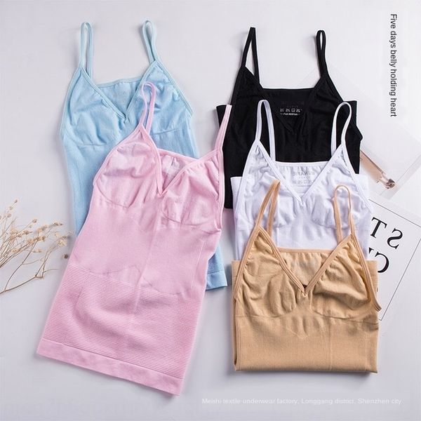 

qrx11 four seasons this body-shaping belly-covering camisole body sticker close-fitting stickerwomen's short-fitting v-neck seamless bo, White