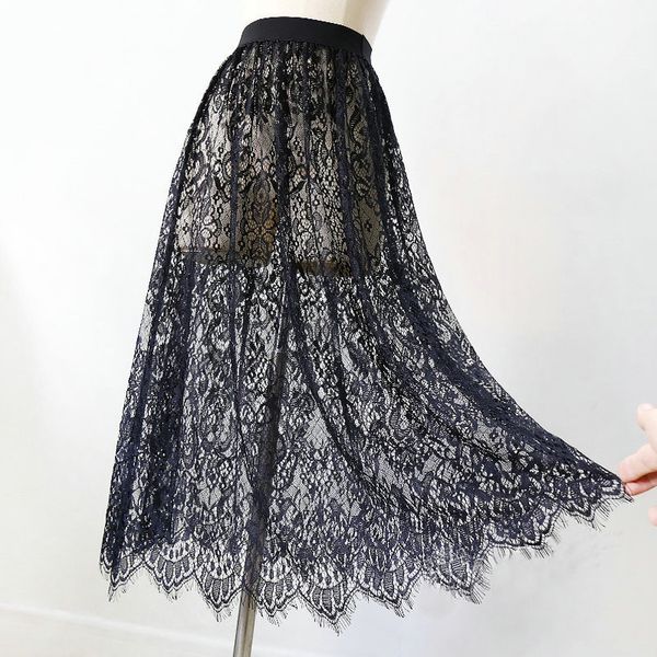 

women mesh lace transparent long tulle skirt korean fashion summer ladies elastic high waist black beach midi skirt