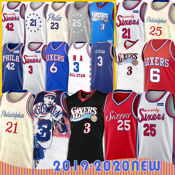 

philadelphia 76ers jersey ben 25 simmons jersey allen 3 iverson joel 21 embiid al 42 horford julius 6 erving mens youth 2020 new, Black;red