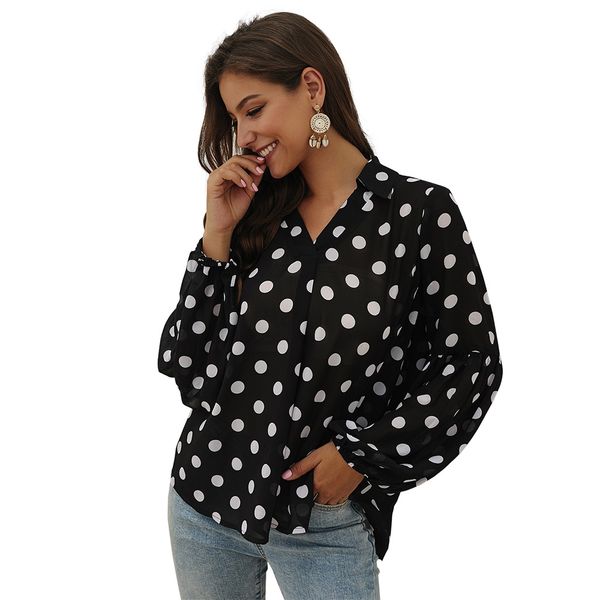 

2020 new women lantern sleeve chiffon printed blouse for spring autumn, White