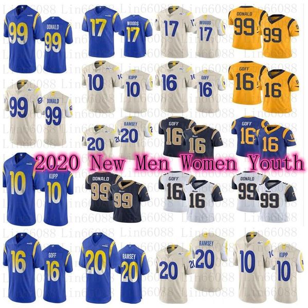 

2020 new men women youth los angeles 99 aaron donald ram 16 jared goff 10 cooper kupp 17 robert woods jerseys, Black;red