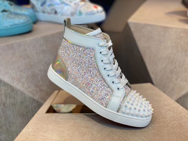 

glitter leather spikes mens red bottom shoes womens party sports casual rivets red sole skateboard walking shoes eu35-47, Black