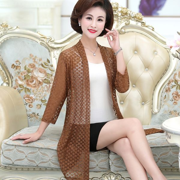 

mom put 40 years old 50 summer thin knit cardigan external middle coat shirt shawl shirtaged length airable shirt coat shawl, White