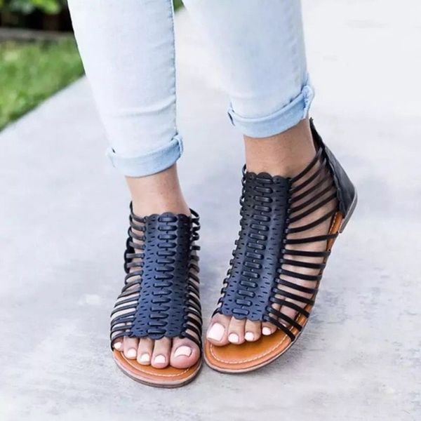 

2020 women's summer zipper roman sandals female gladiator shoes roman flat heels open toe casual sandals oversized low heels 34, Black