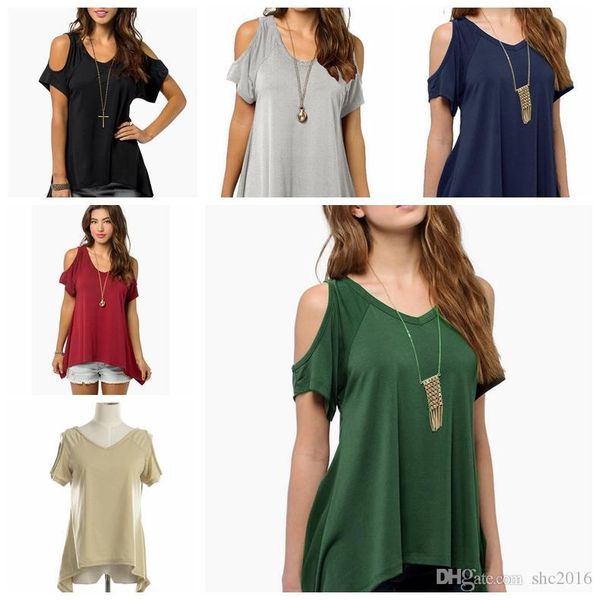 

женщины футболки v-образным вырезом с коротким рукавом прохладно сексуальные плечи высокого качества сплошной цвет mermaid хем различные top, White