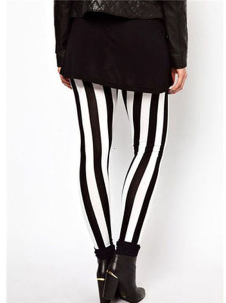 

plus size women lady black striped white stripes stretch elastic leggings long high waist pants trousers