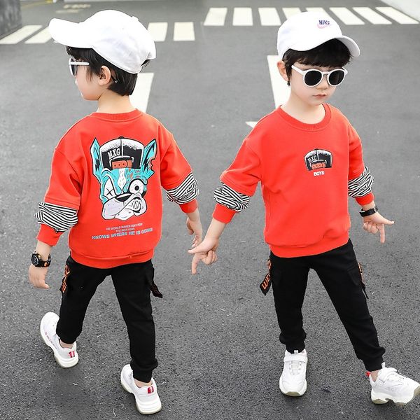 

px7uy suit 2020 new boys' striped suits for boys and girls suits for boys and girls puppy sweater two-piece suit children's long-s