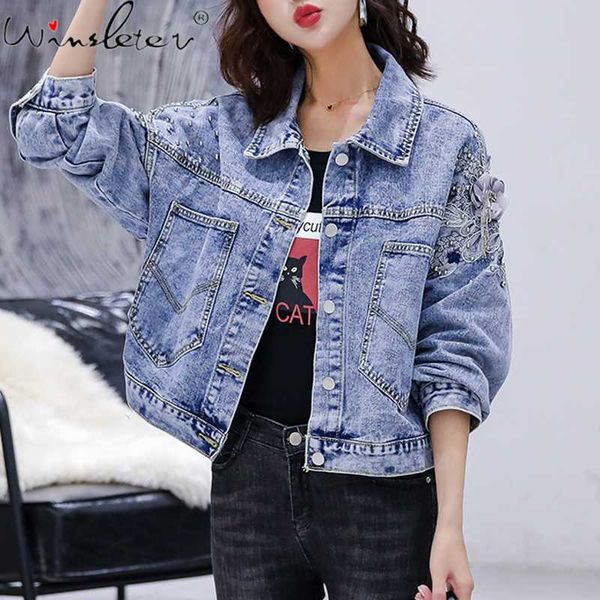 

autumn winter loose korean clothes denim jacket boyfriend shiny rivet embroidery women coat cowboy outerwear 2020 c07310, Black;brown