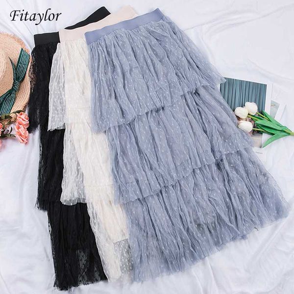 

fitaylor spring womens mesh princess fairy style tulle skirt a style pleated skirt long elastic waist skirts, Black