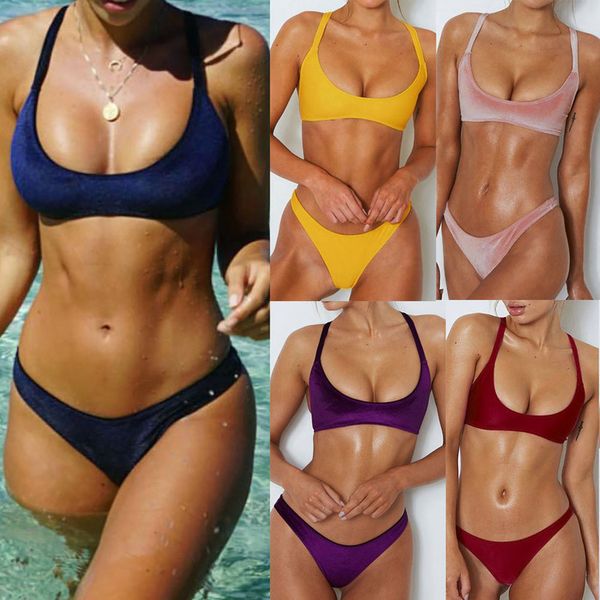 

polyester 2020 swimsuit women solid bandages velvet bikini sets two piece swimsuits swimwear beach suit bikini lingerie 10, White;black