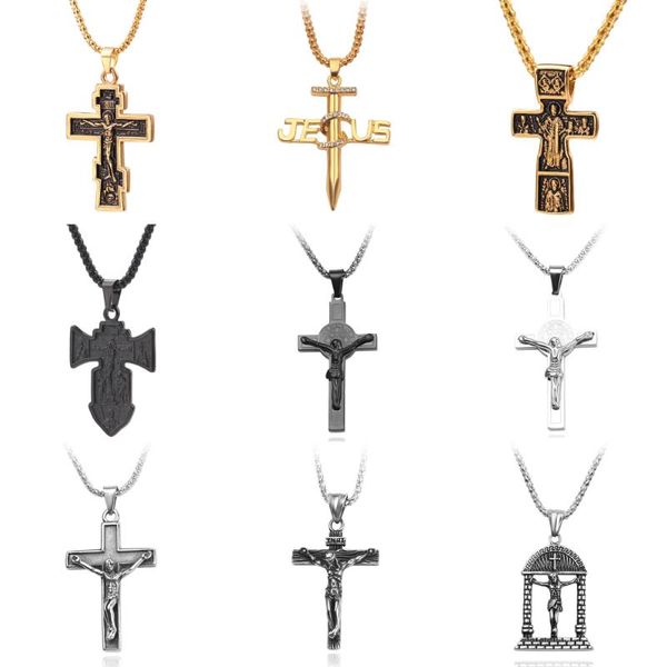 

pendant necklace christian orthodox crucifix necklace jesus russian cross prayer inri crucifix choker for men women gift jewelry, Silver