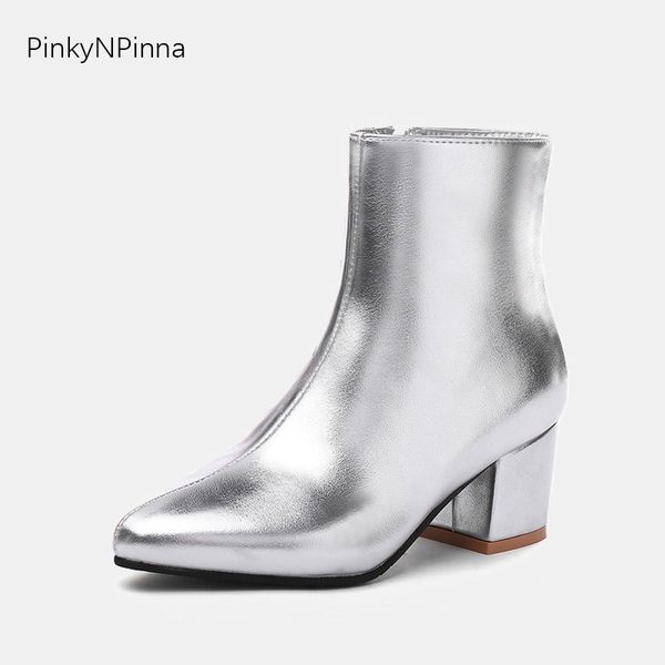 

women shining silver ankle boots fashion square heels inside zip party dress office booties winter golden shoes plus size 44, Black
