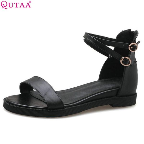 

qutaa 2020 women sandals casual platform cow leather+pu all match summer women shoes round toe sandals size 34-39, Black