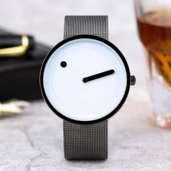 

2020 simple men nordic minimalist watch creative single pointer dot dial stainless steel mesh band quartz wristwatch brief clock, Slivery;brown