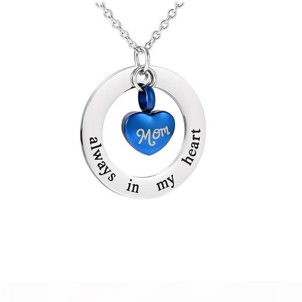 

mom always in my heart memorial urn necklace circle of love stainless steel cremation jewelry pendant, Silver