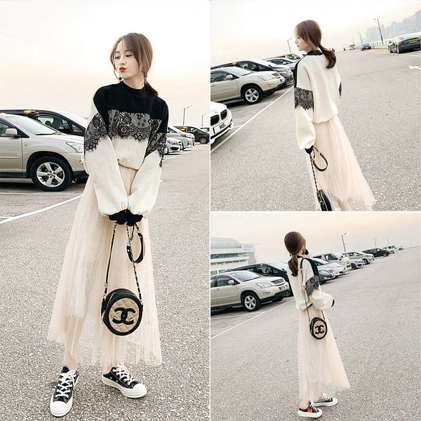 

hr54c 2020 spring new playful two-piece half-length gauze skirt suit internet sweater sweater popular french hepburn early autumn suit for w, Gray