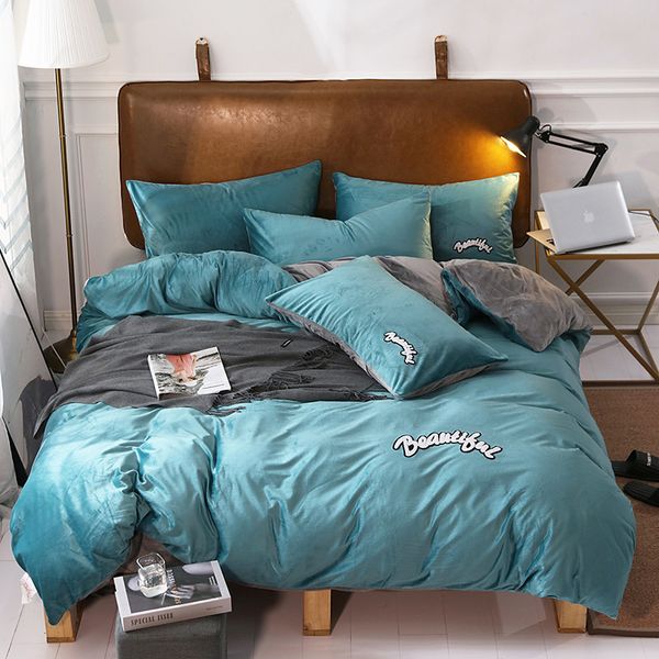 

modern minimalist bed four-piece crystal quilt cover bed simple color cute brushed home solid color kit bedding cells