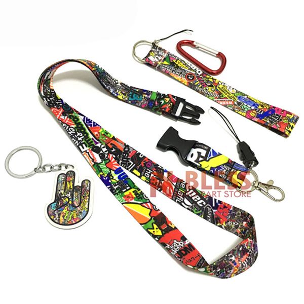 

graffiti neck lanyard for car key phone card badge holder jdm racing hanging neck rope safety lanyard with detachable great gift, Silver