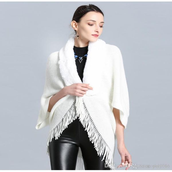 

spring and autumn fashionable women's designer new sweater man-made fox fur collar fringed shawl ms. shawl cape, Black