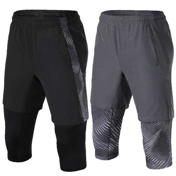 

running shorts gym men 3/4 zipper pocket fitness sweatpants hiking basketball sports jogging trousers football soccer training, Black;blue
