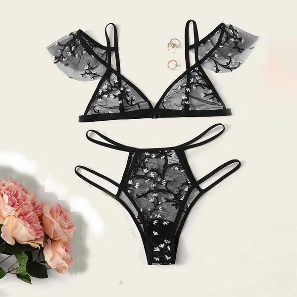

underwear women set floral embroidery sheer mesh lingerie set no bra backless bralette sexi intimates lace bra set, Black;white