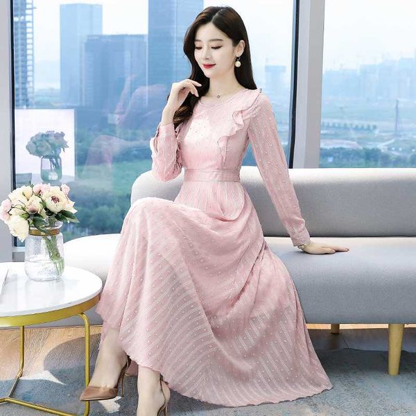 

casual dresses 2021 autumn round neck long sleeve dress chiffon temperament women clothing pink gray green plus size, Black;gray