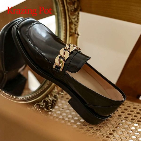 

krazing pot big size genuine leather chain decorations square toe med heel slip on elegant lady dating pumps l5f1, Black