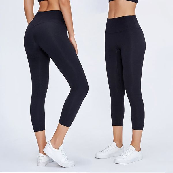 L2047 Leggings femininas para ioga Nake Feeling Capri Calças cintura alta Sem linha T Calças esportivas justas elásticas de cor sólida