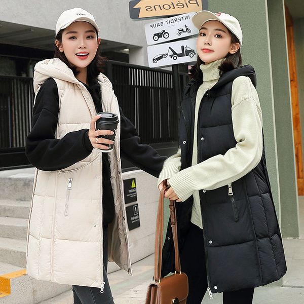 

2020 new women's autumn winter loose warm thick cotton padded long vests female korean style hooded sleeveless waistcoat a186, Black;white